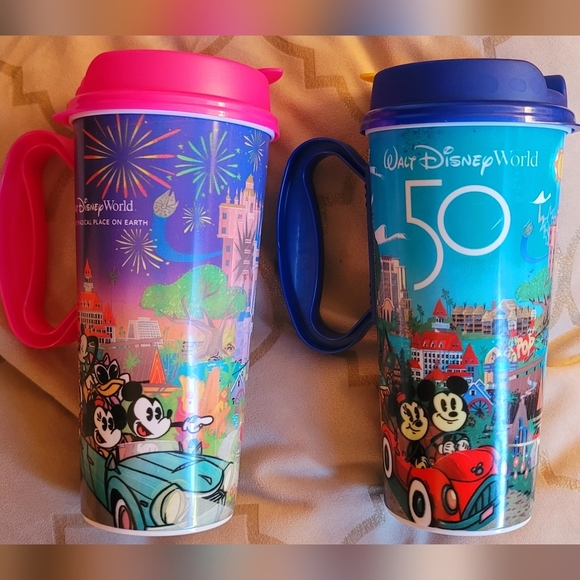 Walt Disney World Insulated Mug Blue 50th Anniv and pink Refillable Resort Mug - Picture 1 of 9